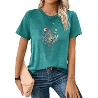 PYLIKE Kurzarmshirt Damen Frühling Casual bequemes t shirt mit Blumen Print-Shirt