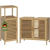 Bellamio Badmöbel-Set Newa aus Bambus, lackiert, (2er-Set, 1x Waschbeckenunterschrank, 1x Hochschrank mit 3 Fächern), in verschiedenen Set-Kombinationen erhältlich
