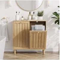 BBWL Stauraumschrank mit 2 Körben Wäscheschrank schräg herausnehmbar MDF Wäschekorb Eiche freistehend Badezimmer Wäschetrennung Organizer