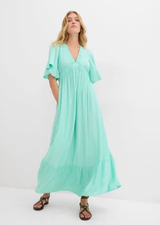 bonprix Maxi-Stufenkleid aus fließender Viskose, grün, Gr.52, Langes Kleid mit Volants und Ballonärmeln