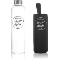 BEM Trinkflasche Water Bottle aus Glas mit Edelstahldeckel, BPA-frei Spülmaschinenfest Silikonhülle Borosilikatglas Wasser Flasche
