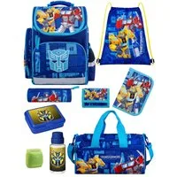 Familando Schulranzen Transformers 1.-4. Klasse ergonomisch, leicht, Volumen 15 Liter (Set, 9-tlg., inkl. Brotdose, Trinkflasche und Sporttasche), Transformers Bumblebee & Optimus Prime Motiv