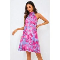 FS Collection Neckholderkleid Neckholderkleid Minikleid Sommerkleid mit abstraktem Blumenmuster (Größen: XS (EU:36 / UK:8) · S (EU:38 / UK:10) · M (EU:40 / UK:12) · L (EU:42 / UK:14) · XL (EU:44 / UK:16), 2 Farben: BlauFloral und PinkFloral) Neckhold