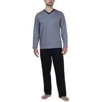 Moonline Pyjama Schlafanzug lang, 100% Baumwolle mit V-Ausschnitt und Streifen-Design