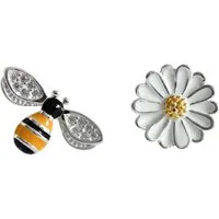 Runde Perlé Paar Ohrstecker Biene und Gänseblümchen kleine Ohrstecker Damen, 925 Sterling Silber, Emaille, funkelnder Zirkon