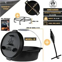HELO24 Feuertopf Dutch Oven Set Gusseisen Deckelheber Schmortopf Kochbuch 1.8L - O1, Gusseisen