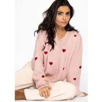 SASSYCLASSY Cardigan Cardigan mit roten Herzen für Damen Weiche Strickjacke mit V-Ausschnitt und Knopfleiste Offwhite Rosa