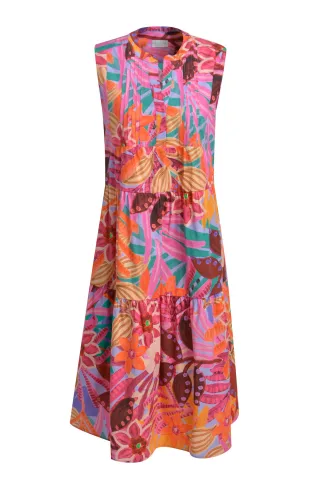Milano Italy - sleeveless roundneck dress with volants orange print - Gr. - 42