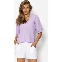 SASSYCLASSY Langarmbluse Musselinbluse mit Spitzeneinsatz für Damen Luftiges Shirt aus Baumwolle mit V-Ausschnitt Weiß Beige Flieder Grün