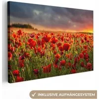 OneMillionCanvasses® Leinwandbild Sonnenuntergang - Mohnblumen - Rot - Blumen - Feld - Natur, Fotodruck (1 St), Leinwand Bilder Klein, Wand Dekoration Aesthetic 30x20 cm