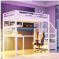 Merax Hochbett 90×200cm mit LED-Licht & Steckdosen (Etagenbett Jugendbett Loftbett Einzelbett, 1-St) Metallbett Kinderbett mit Stauraumtreppe Kleiderschrank Ablageflächen