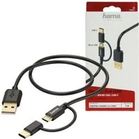 Hama 2in1 Ladekabel Daten-Kabel Micro-USB + USB-C USB-Kabel, USB-A, USB-C, Micro-USB, (100 cm), Adapter Ladegerät Lader Kabel für Smartphone Tablet Bluetooth Speaker