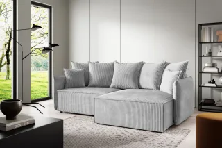 Ecksofa Schlafsofa Sofa MINEA in Stoff Poso Hellgrau Ottomane Rechts