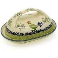 Bunzlauer Keramik Manufaktura Butterdose oval mit großem Griff, Unterteil und Deckel oval geformt, großer Griff.