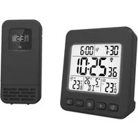 Miraval LCD Funkwecker mit Außensensor Wetterstation Datumsanzeige Funkuhr Kalender Datum 2 Alarme Datumsanzeige Snooze Funkwetterstation (Datumsanzeige, Funksignal, Temperaturanzeige, Aussensensor, AA-Batterien, Schwarz, Großer Display, Funkwecker)