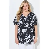 Ulla Popken Longbluse Bluse Blüten V-Ausschnitt Zierfalte Halbarm