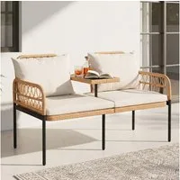 COSTWAY Balkonset, 2-Sitzer Gartenbank Polyrattan mit Hartglastisch, Kissen