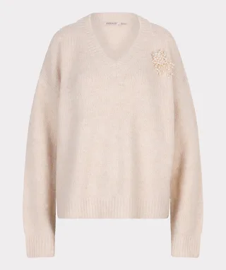 Esqualo - Strickpulli mit Perlenbrosche beige - Gr. - S
