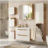 Lomadox Badmöbel-Set LUTON-56, (Spar-Set, 6-St., Hängeschranke Spiegelschrank Waschbecken Waschbeckenschrank), Hochglanz weiß mit Wotan Eiche, Beleuchtung, Waschtisch 80 cm