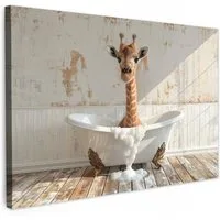 OneMillionCanvasses® Leinwandbild Giraffe - Badewanne - Vintage - Tier, Fotodruck (1 St), Bilder für Badezimmer, Bad und Toiletten Deko, Bild WC 30x20 cm