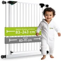 BOMI Türschutzgitter Treppenschutzgitter ohne Bohren, Absperrgitter Metall, Mira 83-243 cm (verschiedene Größen, klemm- & verschraubbar, stabil & sicher, breiter Durchgang), Kinderschutzgitter selbstschließend, 90° Feststellfunktion, Weiß