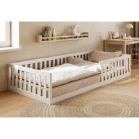Kids Collective Kinderbett Bodenbett Bett mit Rausfallschutz & Lattenrost Montessori Bett Kinder (90x200, 120x200 und 140x200), Jugendbett Einzelbett Kiefer-Vollholz Weiß 90x200