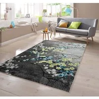 TeppichHome24 Teppich Designer Teppich mit Blumenmotiv Grau Türkis Grün, rechteckig
