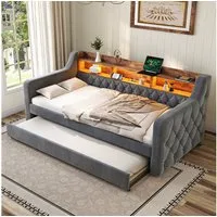 MODFU Schlafsofa Samt-Polsterbett mit integriertem Ausziehbett, mit LED-Beleuchtung und USB-C-Anschluss, Funktionsbett 90x190/90x190 cm, ohne Matratze