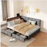 Gdood Polsterbett Daybett Jugendbett Tagesbett (1-tlg., 2 Schubladen, Geeignet für Jungen und Mädchen), Mit LED-Beleuchtung, Ladefunktion, Leinen, 140x200 cm