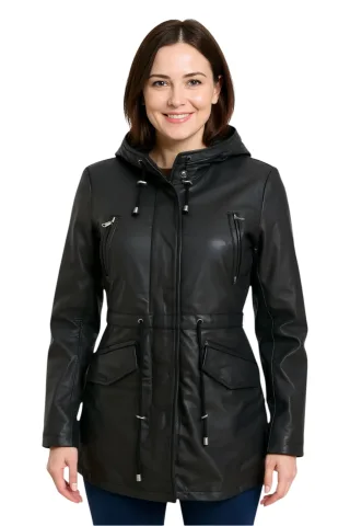 Damen Parkajacke mit Kapuze, Schwarz, Leder, Cairns