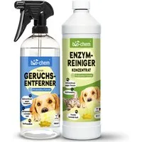 bio-chem Geruchsentferner Enzymreiniger 1 L Geruchsentferner gegen Urin, Katzen & Hundeurin (7) Geruchsentferner Hund + Enzymreiniger Konzentrat, Geruchsentferner Hund 0.75 l + Enzymreiniger Konzentrat 1 L), Probiotisch & tiefenwirksam gegen Tiergeru