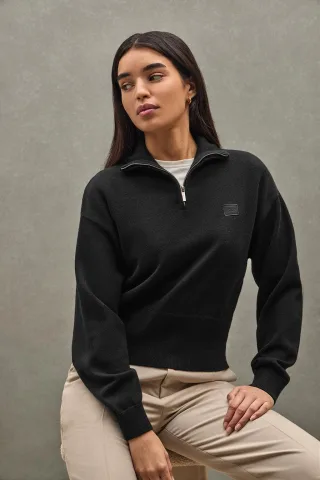 Pullover schwarz mit halbem Reißverschluss aus Baumwolle