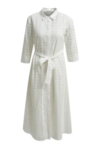 Milano Italy - Dress with collar + placket, 3/4 sleeve + belt white - Gr. - 38