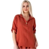 WENOR Schlupfbluse Damen Musselin 100% Baumwolle – Oversize Sommerbluse One Size mit Kokosknopf, Krempelärmel & Seitentaschen – Naturmaterial
