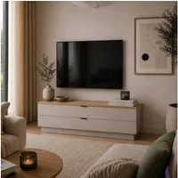 Lomadox Lowboard ISCHIA-36, in Beige mit Eiche, 140 cm breit, Softclose, Lamellenoptik