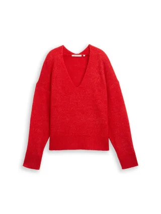 Denim Tom Tailor - Relaxed Fit Strickpullover mit V-Ausschnitt brilliant red - Gr. - XL