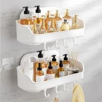 Elegear Duschablage Duschablage Ohne Bohren, 25X12.5cm Kunststoff Duschregal mit Haken, 2-tlg., Weiß shampoo halter bad, Regal Organizer Küche, Max.10KG