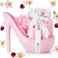 BRUBAKER Pflege-Geschenkset Bade- und Dusch Set für Frauen, Damen Pflegeset Wellness, 6-tlg., Luxus Geschenkset in Keramik Stiletto, Badeset mit Kirschblüten Duft