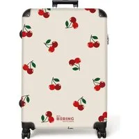 NoBoringSuitcases.com© Hartschalen-Trolley Beigefarbener Hintergrund mit Muster aus großen Kirschen 77 cm - 98 L, 8 Rollen, Koffer Groß für 30kg, Trolley, Rollkoffer, Reisekoffer