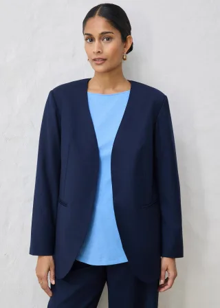 bonprix Kragenloser Blazer aus weichem Woll-Mix, blau, Gr.46, moderner Blazer aus weichem Woll-Mix, aus Wolle
