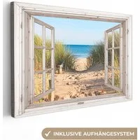 OneMillionCanvasses® Leinwandbild Durchblick - Strand - Meer - Dünen - Sand - Wasser - Hochgras, Fotodruck (1 St), Leinwand Bilder Klein, Wand Dekoration Aesthetic 30x20 cm