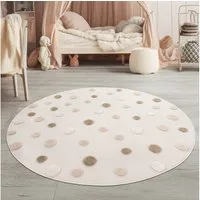 TT Home Teppich Kinderzimmer, Rund, Höhe: 21 mm, Runder Kinderteppich 120/160 cm, Cremefarbener Spielteppich mit Punktd