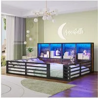 Merax Kinderbett (Plattformbett aus Metallrahmen und MDF, 1-tlg., Daybed für Kinder & Jugendzimmer), Metall Zaunbett 140x200cm mit LED Ablagefächer Geländer Lattenrost