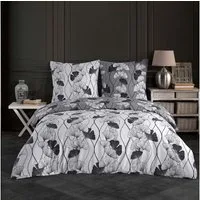 Buymax Bettwäsche Cornelia, Renforce: 100% Baumwolle, 3 teilig, 200x220 cm, mit Reißverschluss, Bettbezug-Set, Blumen, Grau, Schwarz