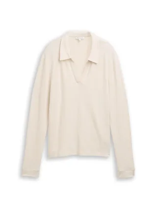 Tom Tailor - Cosy Langarmshirt mit Polokragen sand stone beige melange - Gr. - M