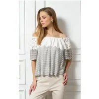 Passioni T-Shirt Sommer Schulterfrei Top mit Blumen und geometrischem Muster