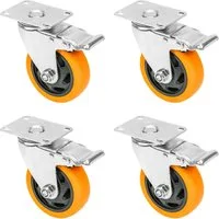 HMF Schwerlastrolle 6710 Transportrollen, Lenkrollen mit Bremse aus Polyurethan, (4 Stück, Set), 100 mm, bis 460 kg, 360°-Schwenkradius, Orange