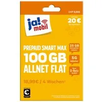 Ja! Mobil Prepaid Smart Max 5G Simkarte mit 20 € Startguthaben Prepaidkarte, (100 GB mit 5G, EU-Roaming inkl. Schweiz, ohne Vertrag)