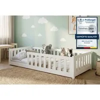 Kids Collective Kinderbett Bodenbett Bett mit Rausfallschutz & Lattenrost Montessori Bett Kinder (Jungen, Mädchen, Kinder, weitere Größen 80x160, 80x180, 90x190, 120x200, 140x200 cm), Jugendbett Gitterbett Einzelbett mit Matratze, weiß Kiefer 90x200 