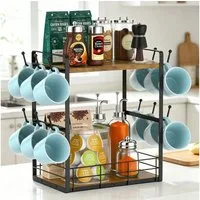 BlingBin Küchenregal 2 Etagen Tassenständer für Arbeitsplatte, 12 Haken, Aufbewahrungskorb, Küchen-Organizer, Gewürzregal 1-tlg., Küchentisch-Organizer, Tassenhalter für Kaffeebar Küche, Braun-Schwarz